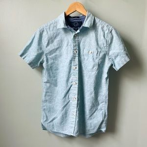 Even Tide Cotton Linen Blue Short Sleeve Button Down, XS
